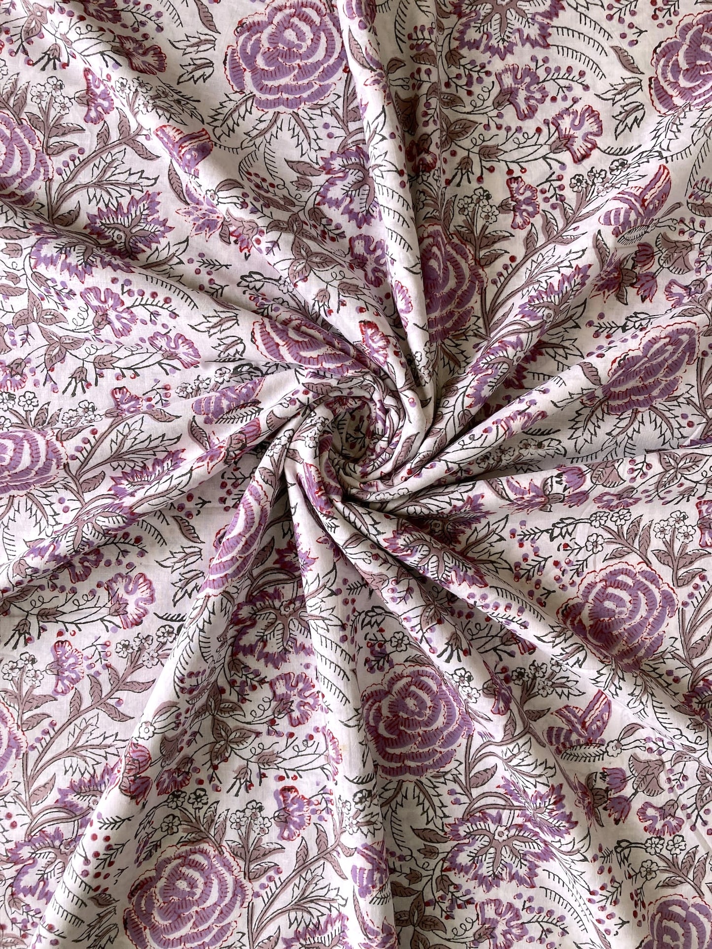 Hand Block Print White x Purple Floral Cotton Fabric  #298-3