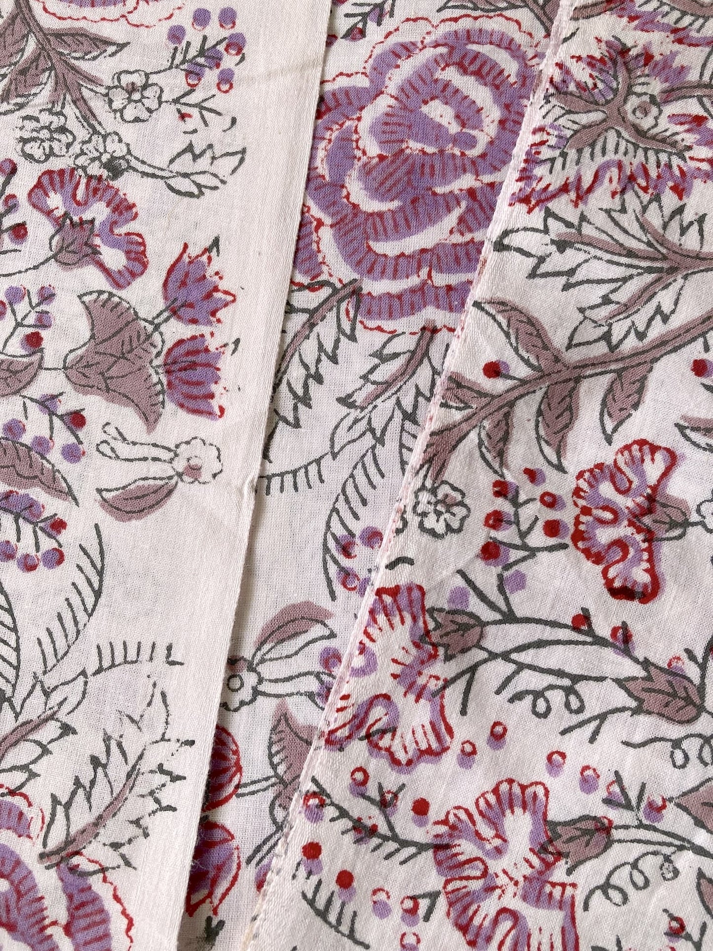 Hand Block Print White x Purple Floral Cotton Fabric  #298-3