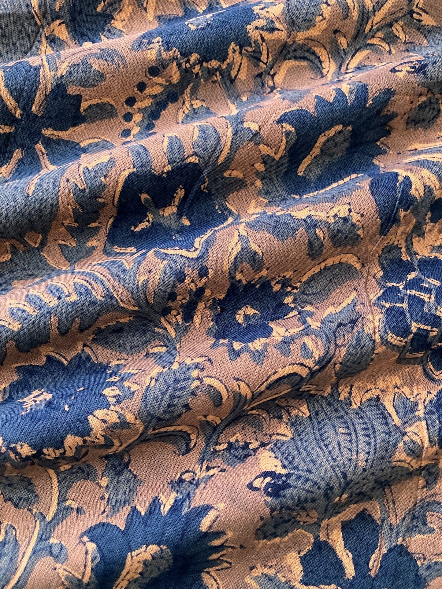 Hand Block Print Canyon Clay x Indigo Floral Cotton Fabric  #298-4