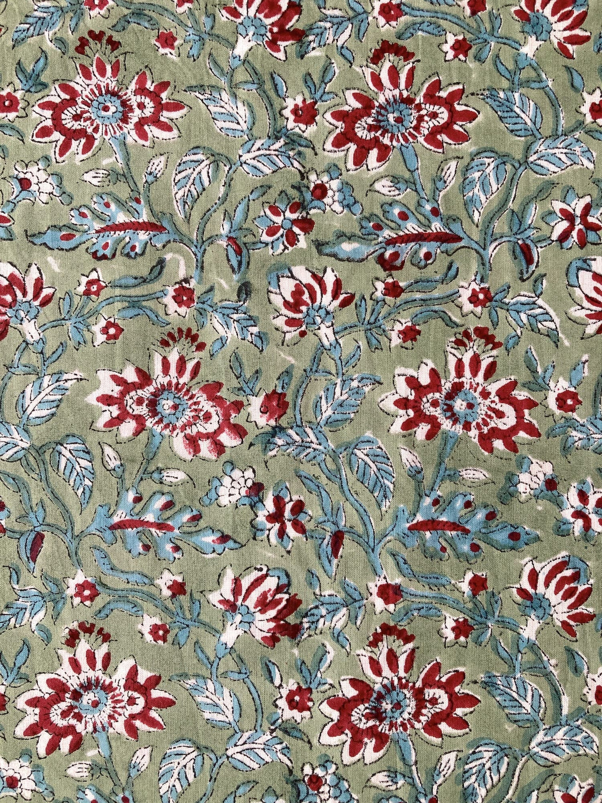 Hand Block Print Green x Red Floral Cotton Fabric   #298-5