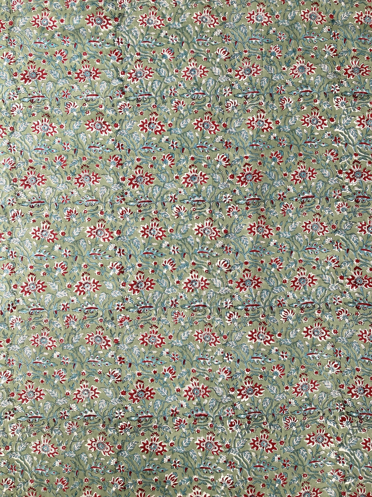 Hand Block Print Green x Red Floral Cotton Fabric   #298-5