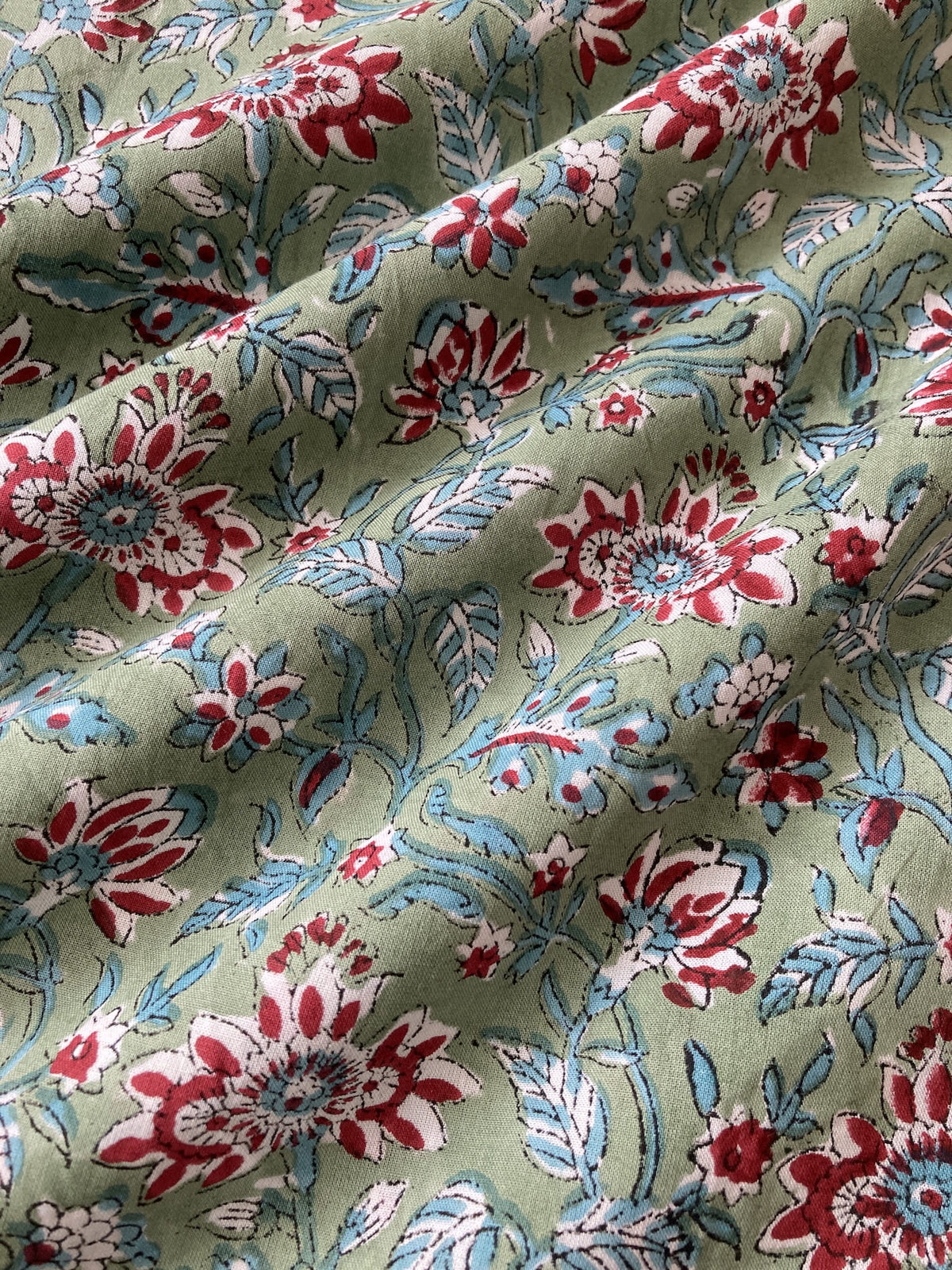 Hand Block Print Green x Red Floral Cotton Fabric   #298-5