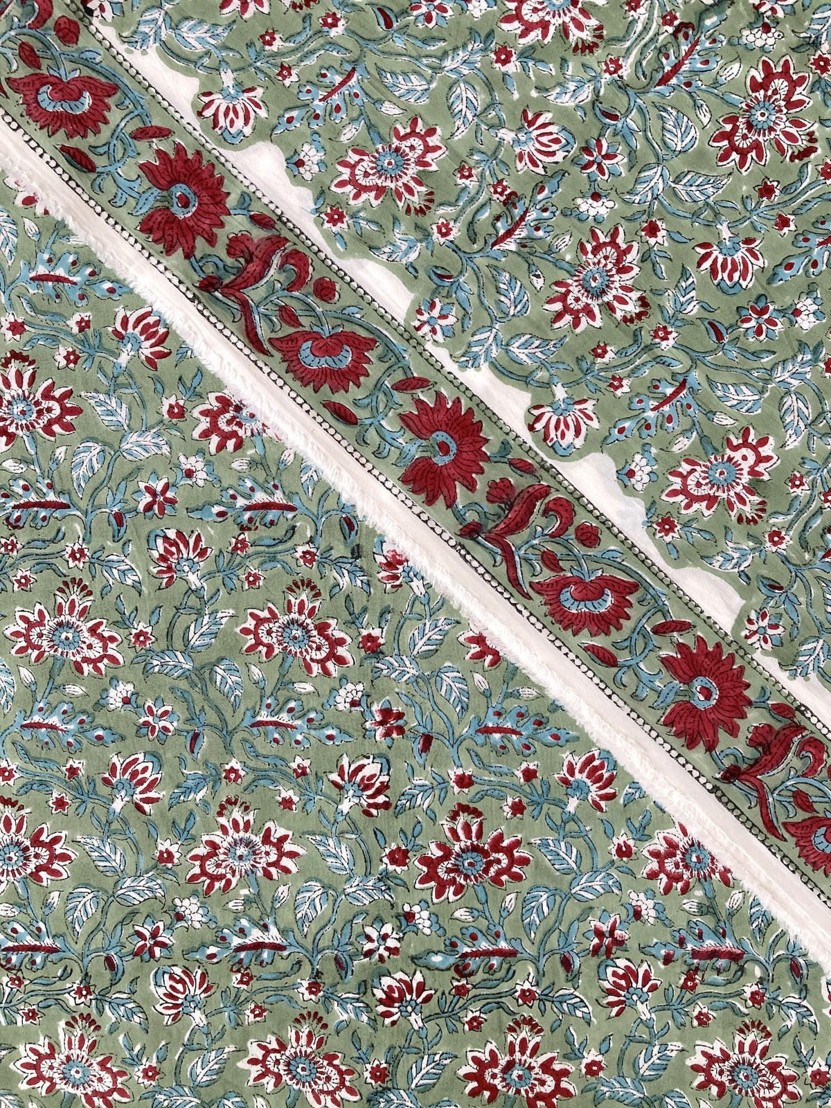 Hand Block Print Green x Red Floral Cotton Fabric   #298-5