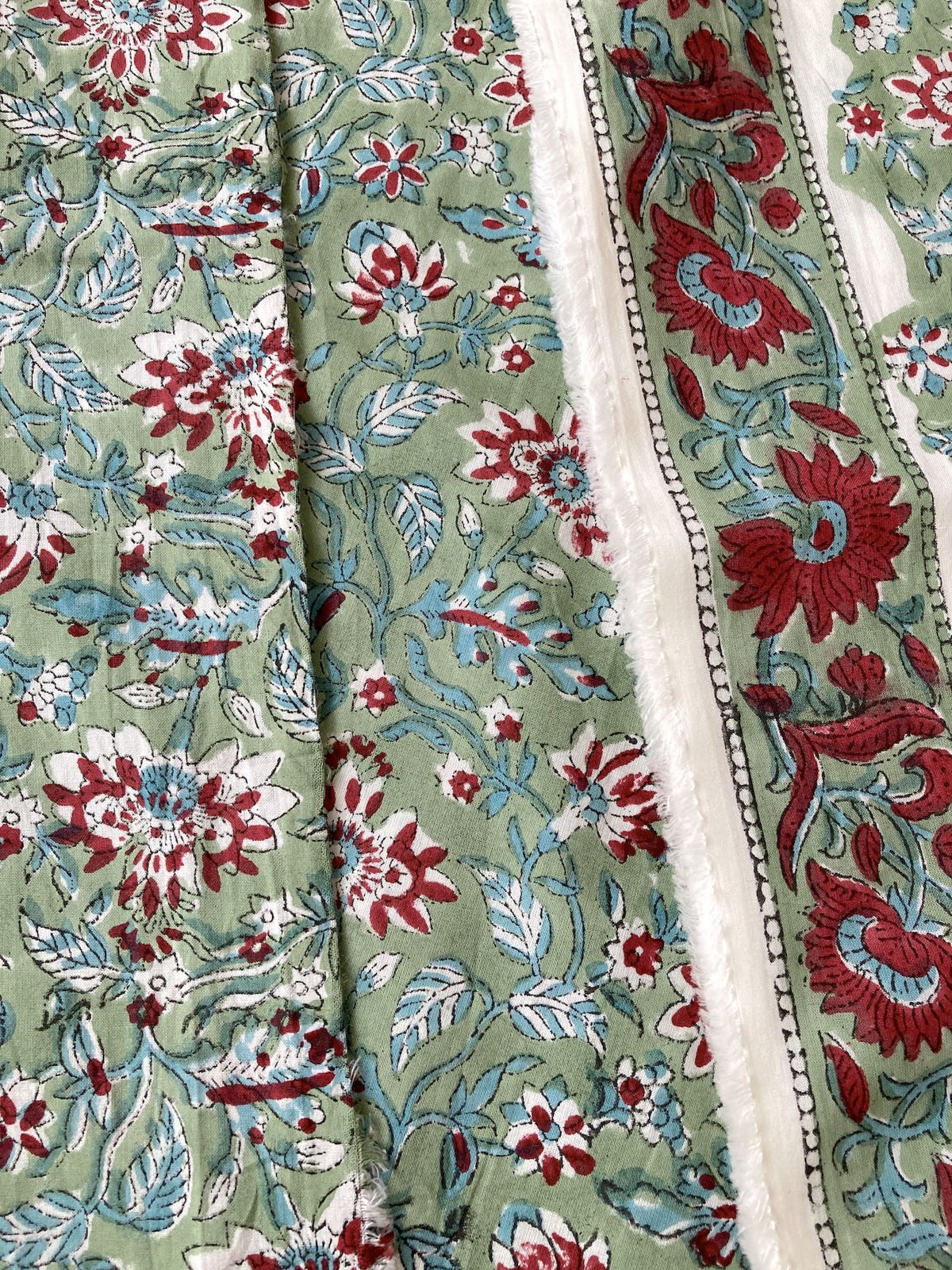 Hand Block Print Green x Red Floral Cotton Fabric   #298-5