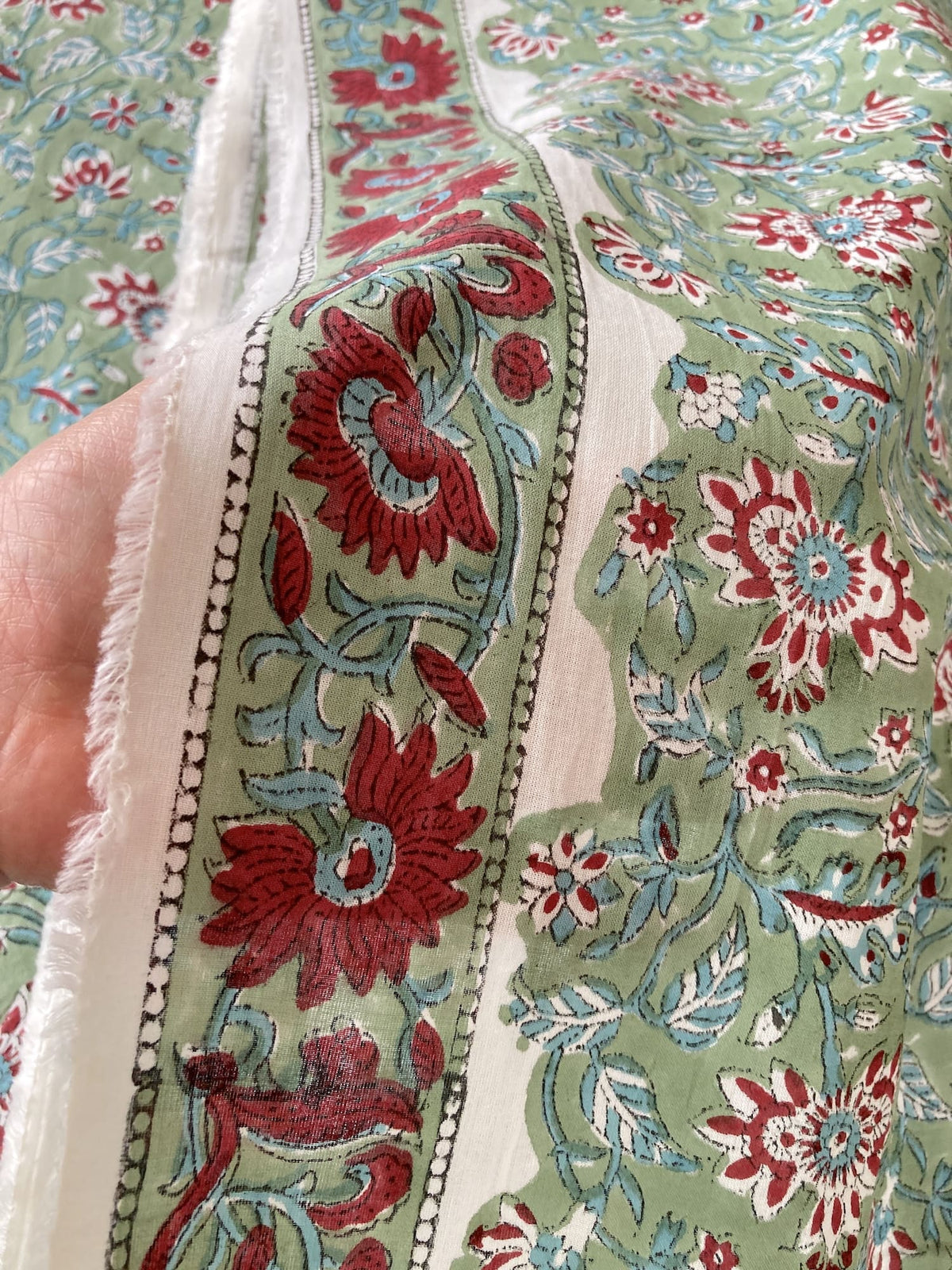 Hand Block Print Green x Red Floral Cotton Fabric   #298-5