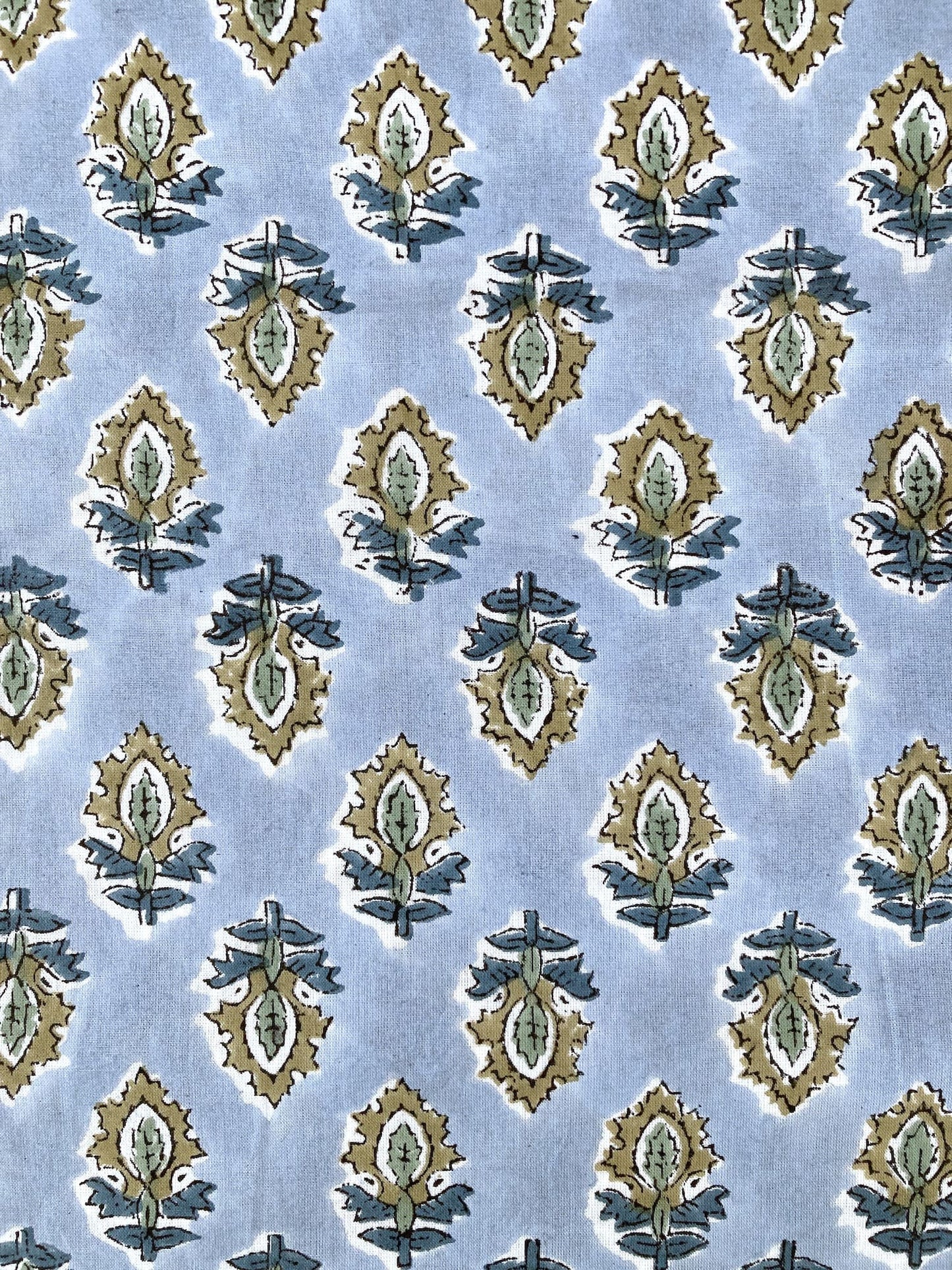 Hand Block Print Ice Blue Floral Cotton Fabric  #298-12