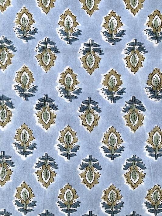 Hand Block Print Ice Blue Floral Cotton Fabric  #298-12