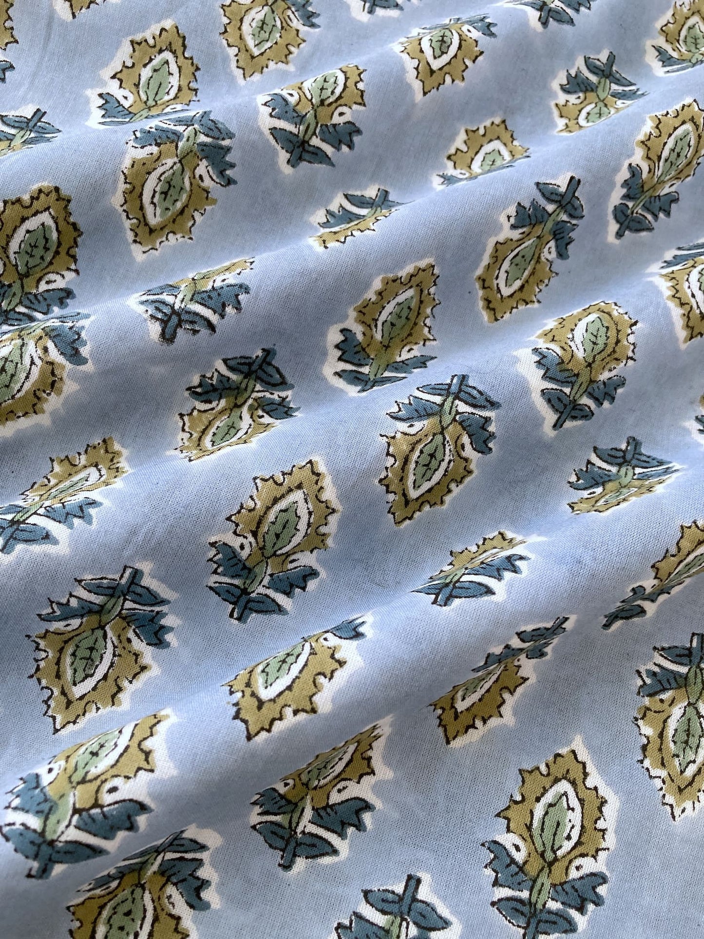 Hand Block Print Ice Blue Floral Cotton Fabric  #298-12
