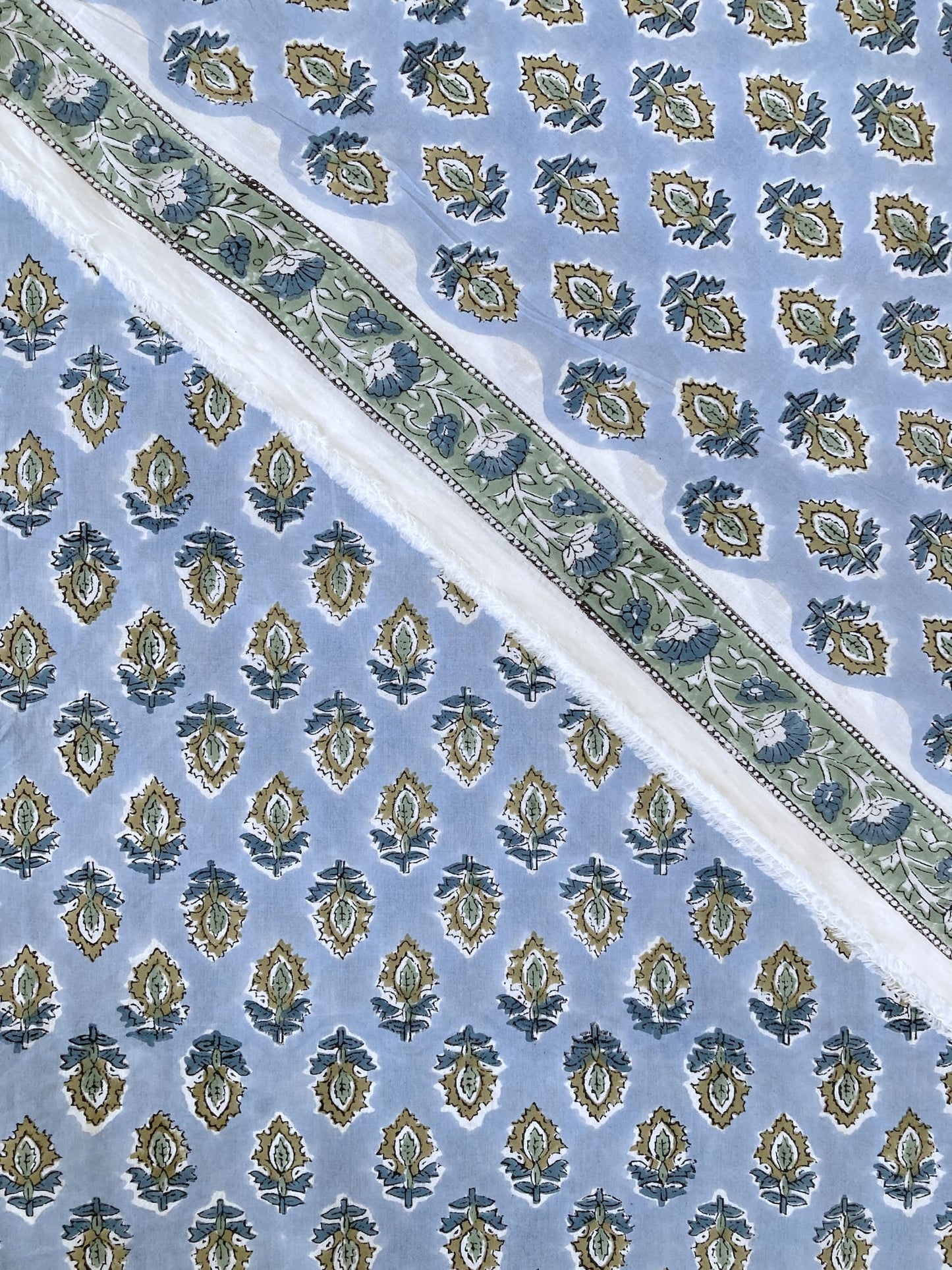 Hand Block Print Ice Blue Floral Cotton Fabric  #298-12