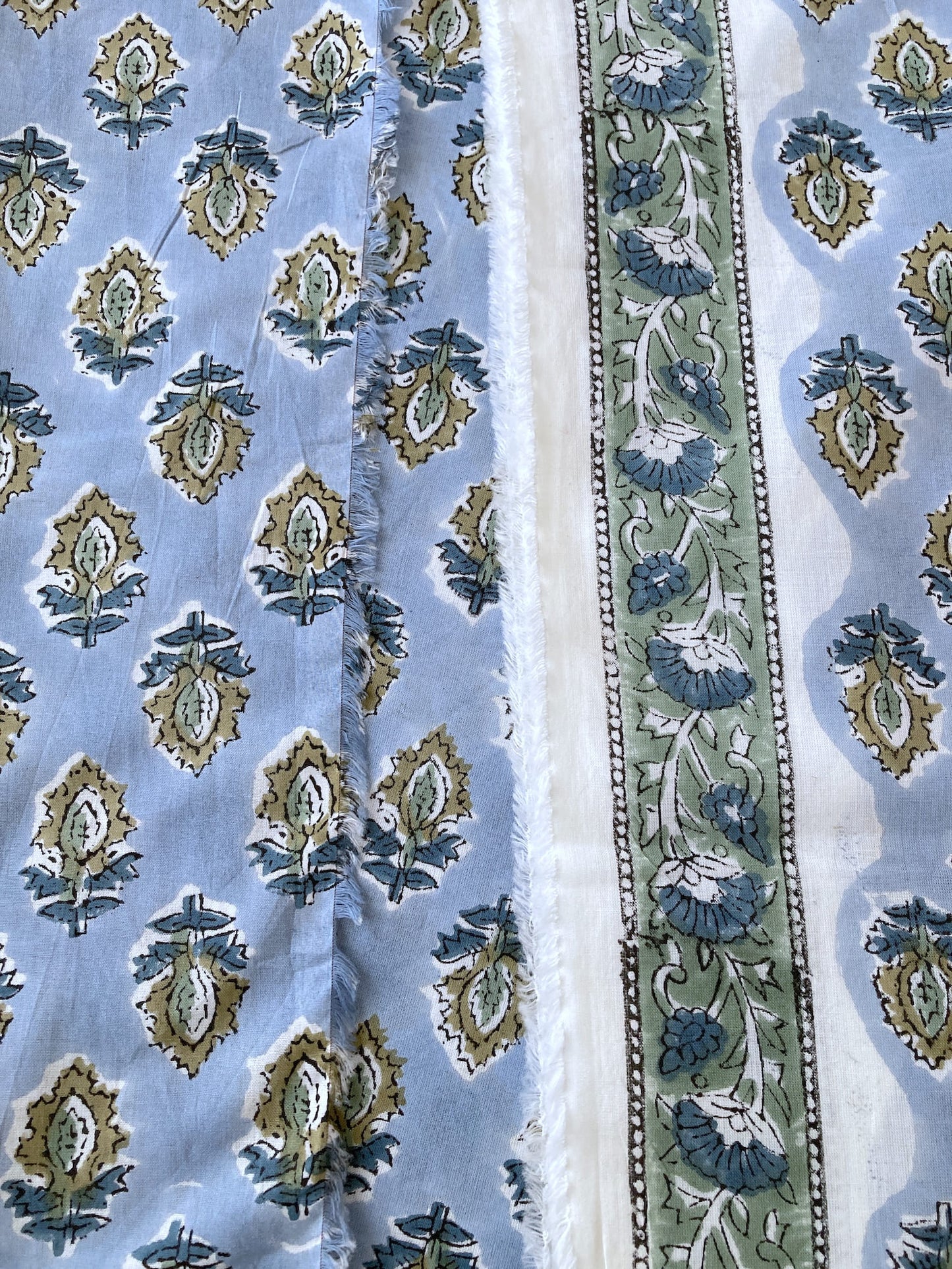Hand Block Print Ice Blue Floral Cotton Fabric  #298-12