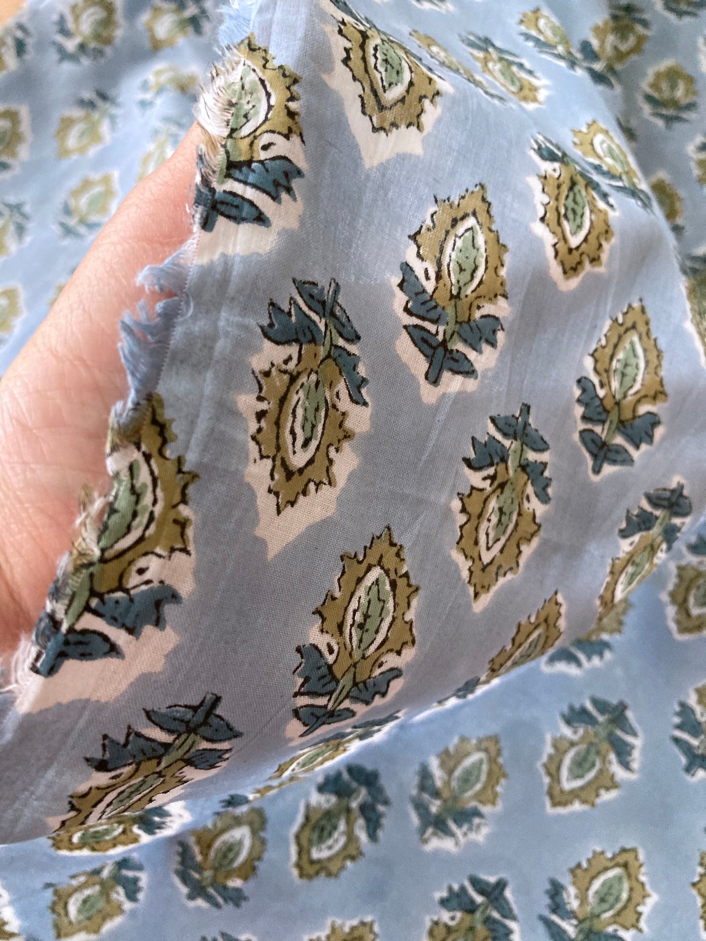 Hand Block Print Ice Blue Floral Cotton Fabric  #298-12