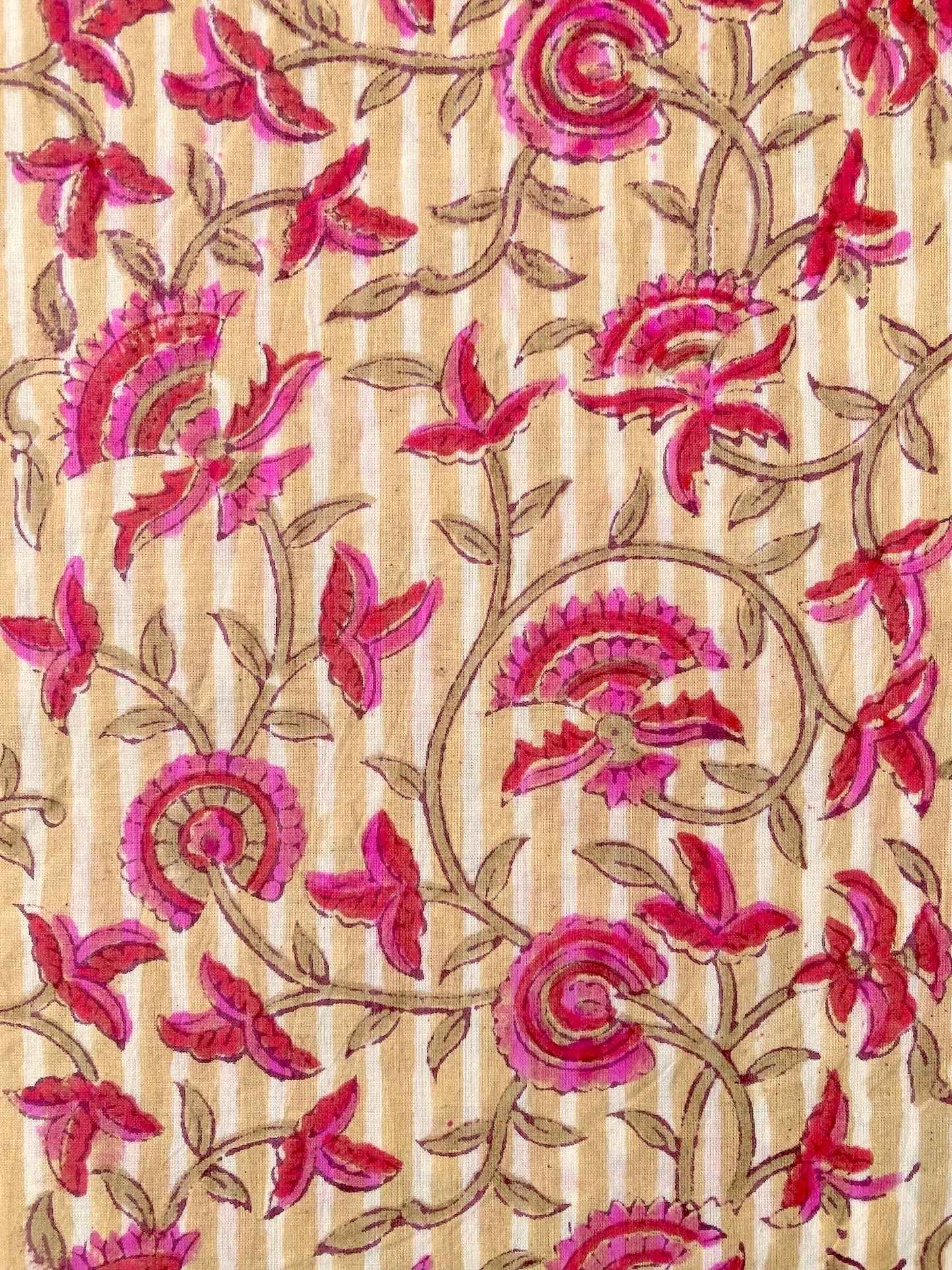 Hand Block Print Stripes x Floral Cotton Fabric  #298-9
