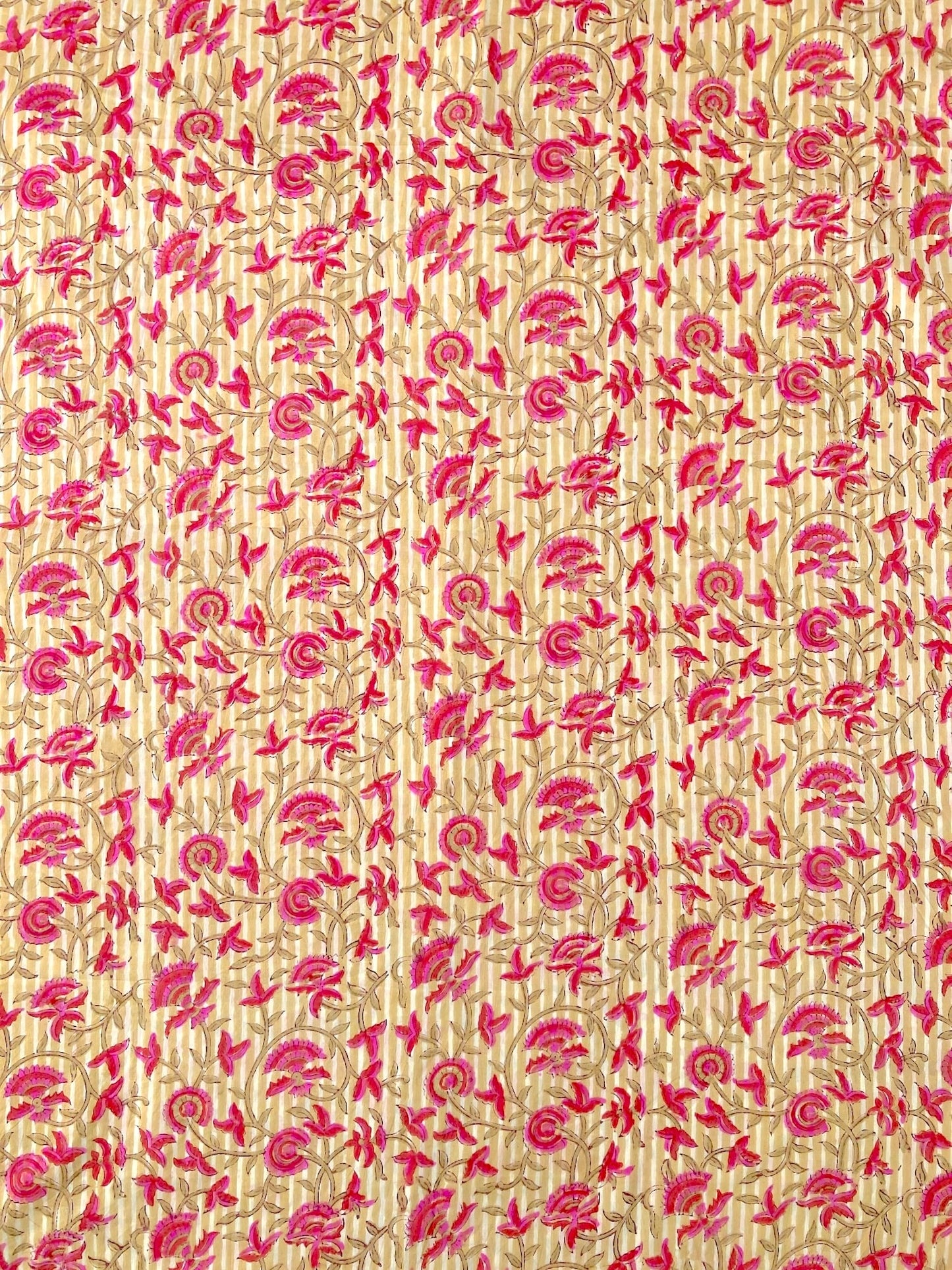 Hand Block Print Stripes x Floral Cotton Fabric  #298-9