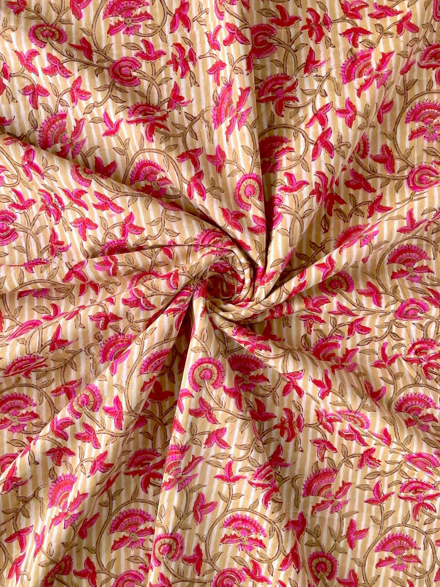 Hand Block Print Stripes x Floral Cotton Fabric  #298-9
