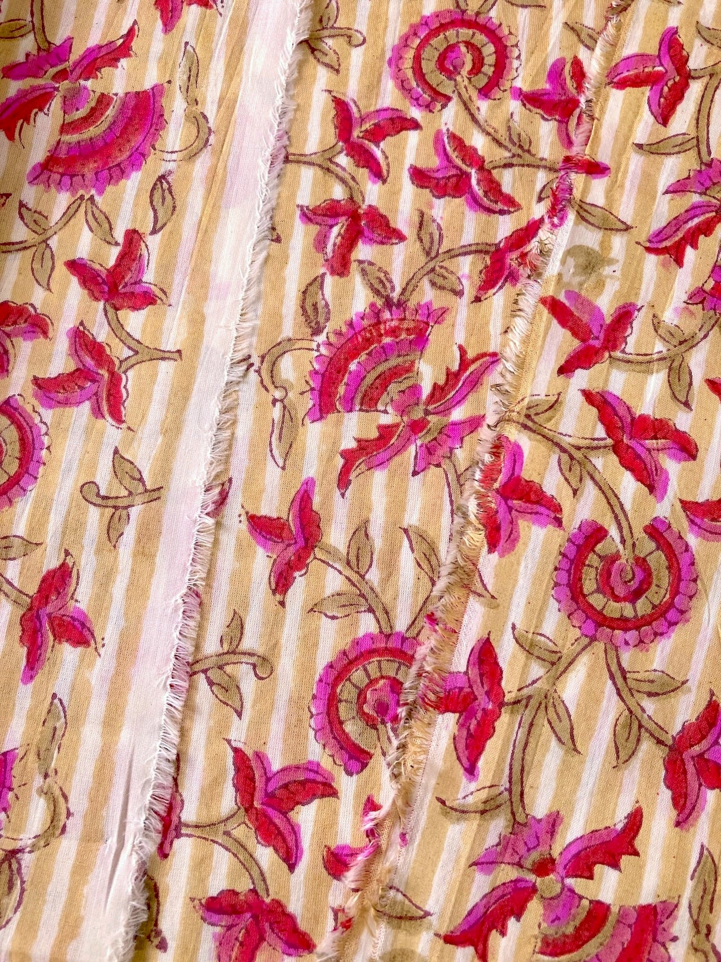 Hand Block Print Stripes x Floral Cotton Fabric  #298-9