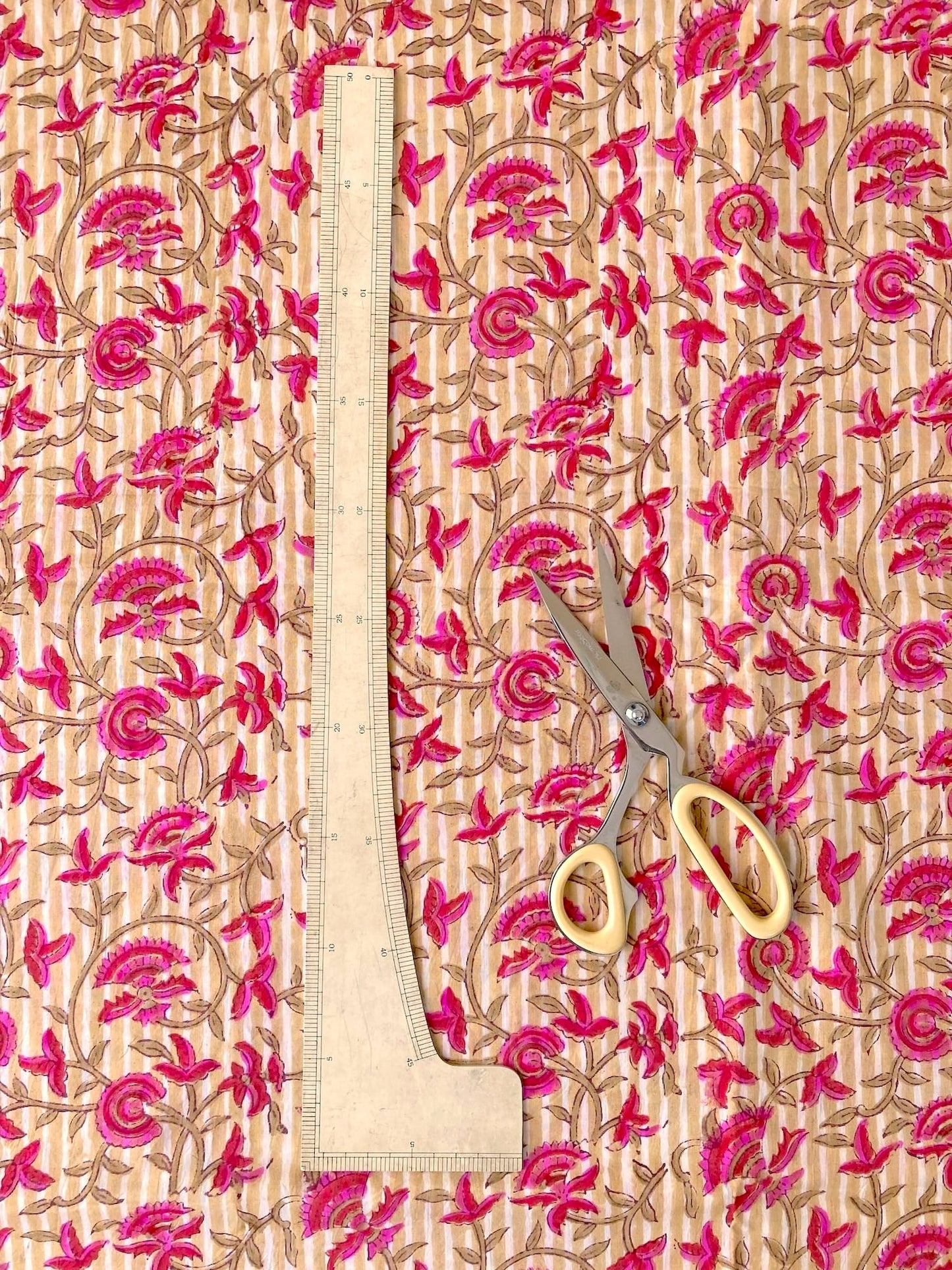 Hand Block Print Stripes x Floral Cotton Fabric  #298-9