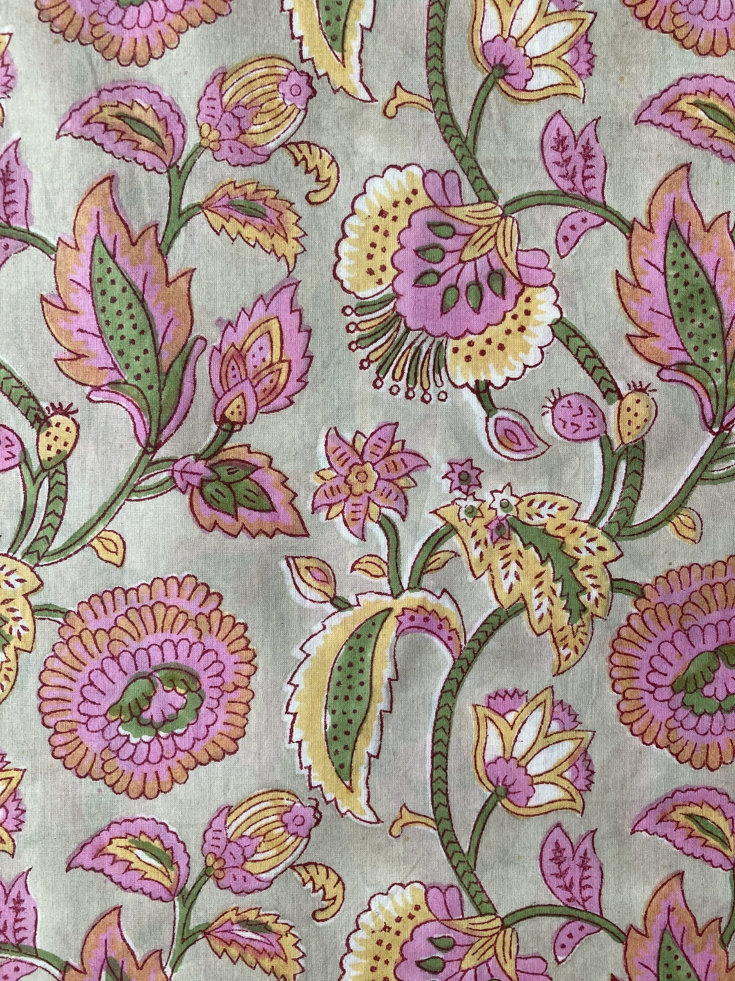 Hand Block Floral Print Sage x Pink Cotton Fabric  #307-10