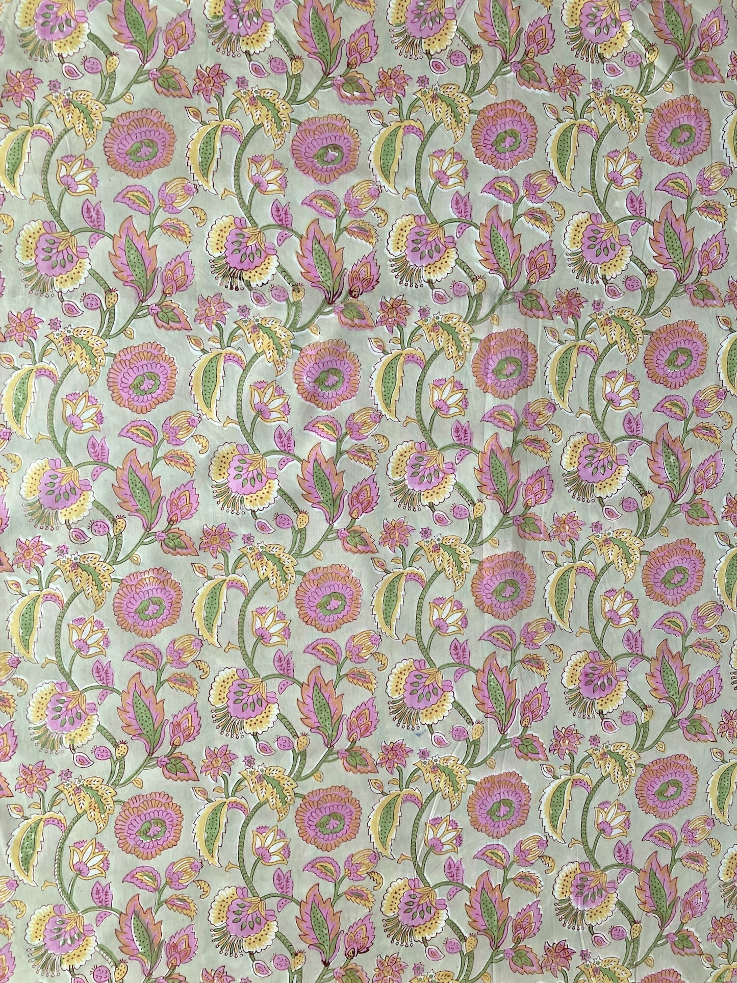 Hand Block Floral Print Sage x Pink Cotton Fabric  #307-10