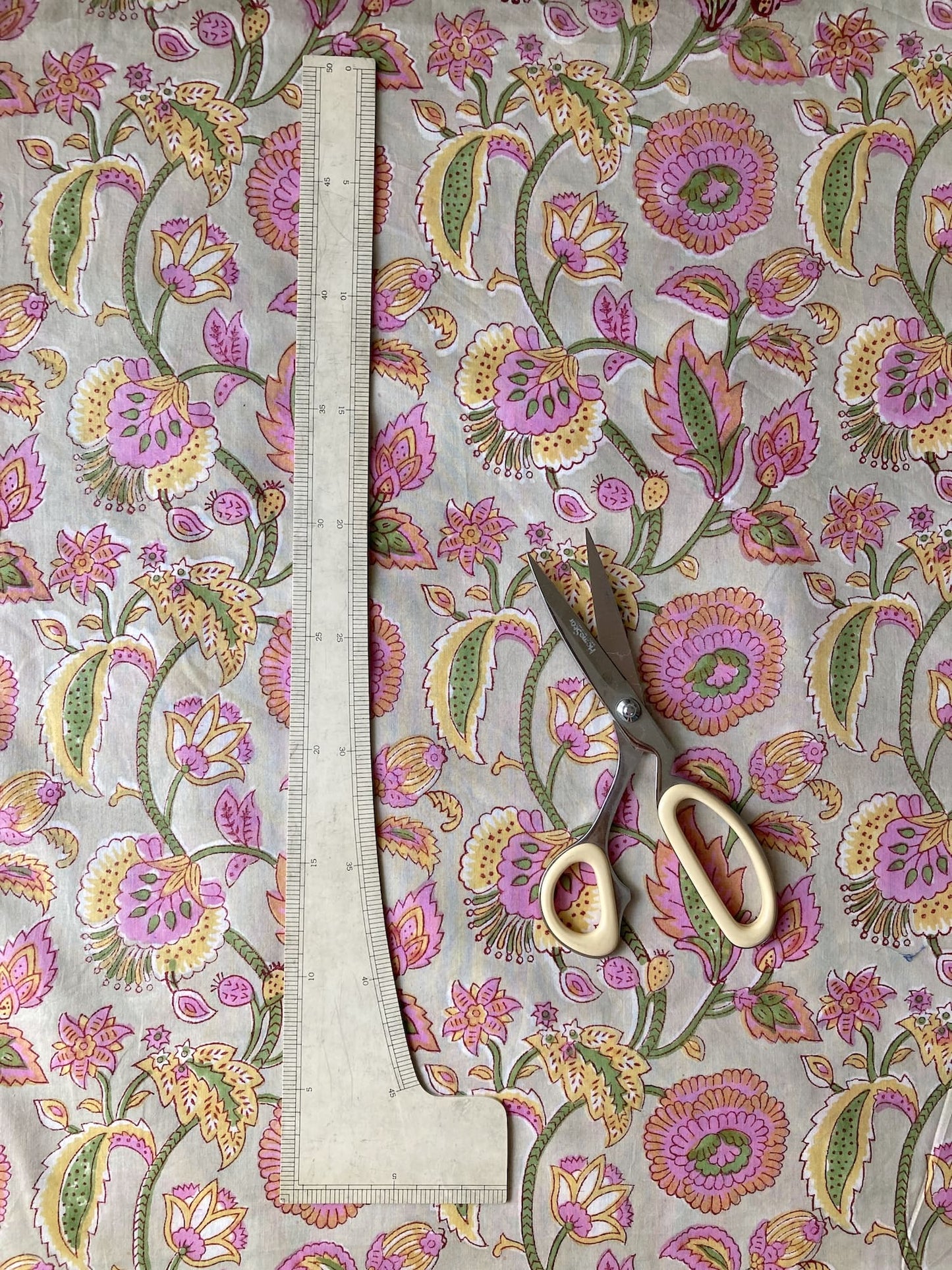 Hand Block Floral Print Sage x Pink Cotton Fabric  #307-10