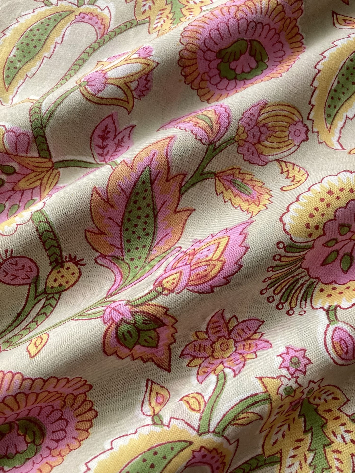 Hand Block Floral Print Sage x Pink Cotton Fabric  #307-10