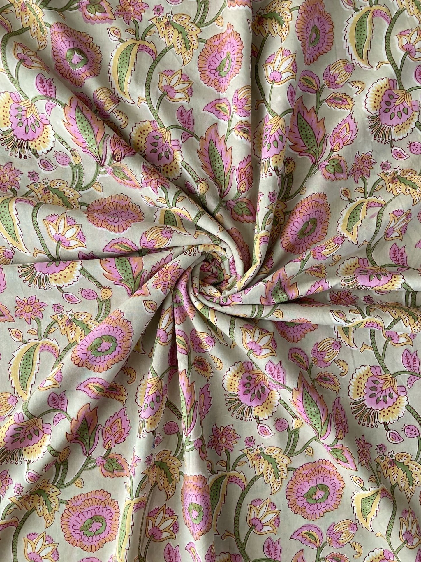 Hand Block Floral Print Sage x Pink Cotton Fabric  #307-10
