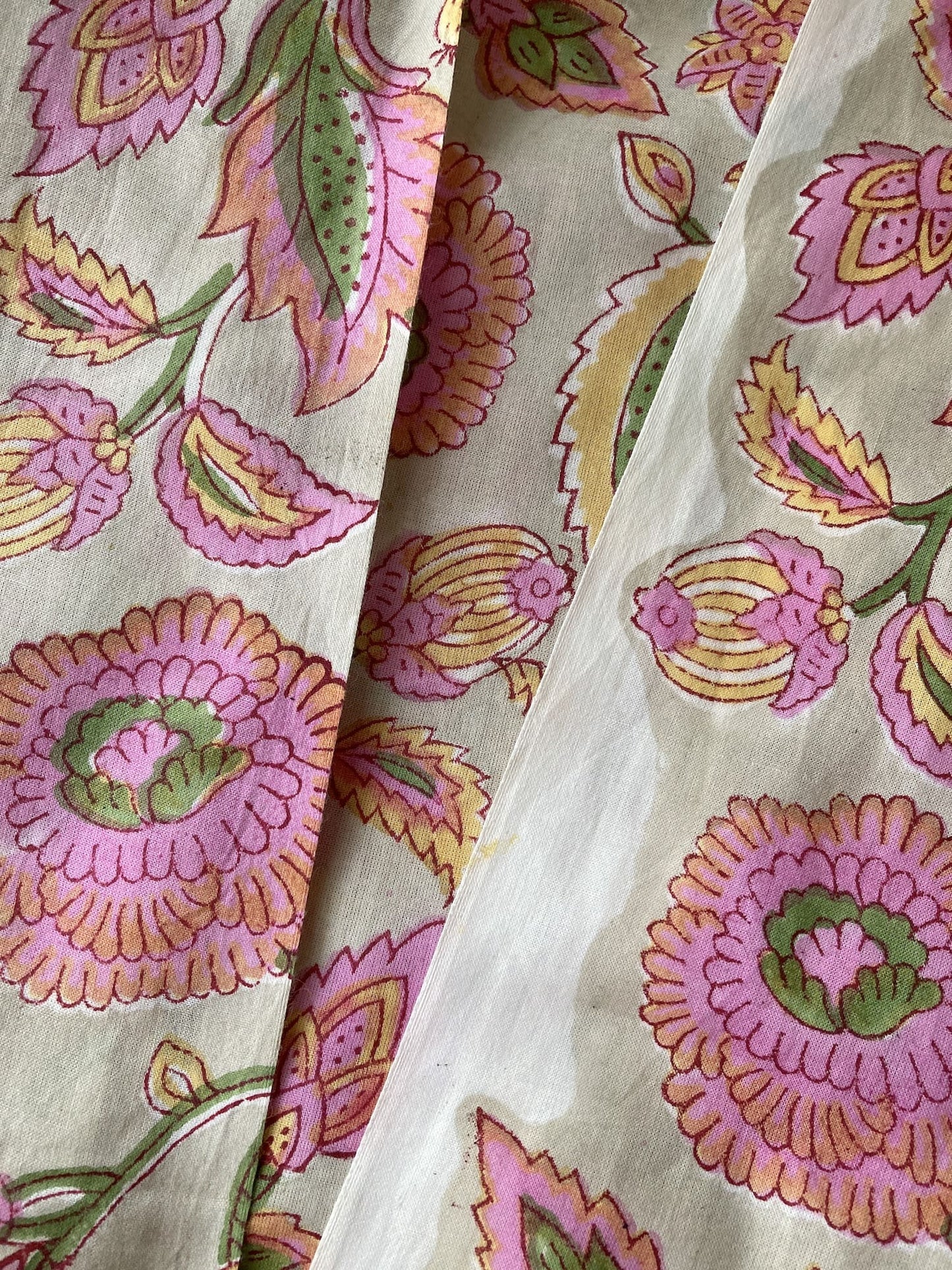 Hand Block Floral Print Sage x Pink Cotton Fabric  #307-10