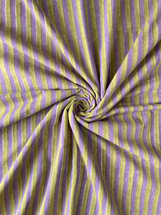 Hand Block Print Olive and Purple Stripes Cotton Fabric  #307-11