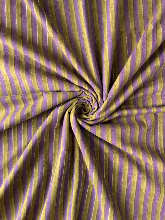 Hand Block Print Olive and Purple Stripes Cotton Fabric  #316-20