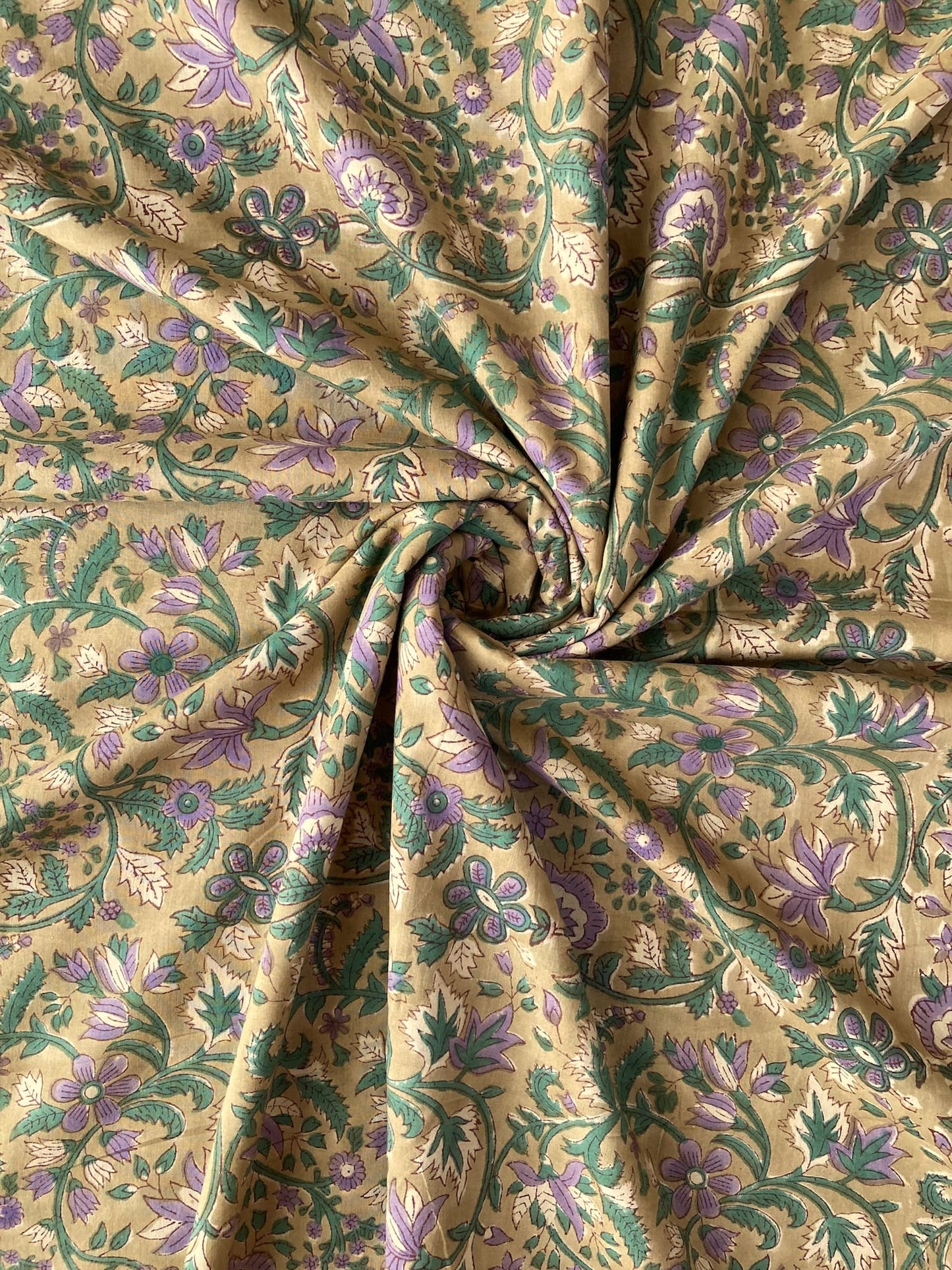 Hand Block Print  Floral Olive Cotton Fabric  #307-12