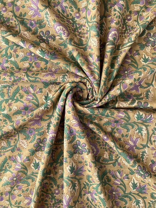 Hand Block Print  Floral Olive Cotton Fabric  #307-12