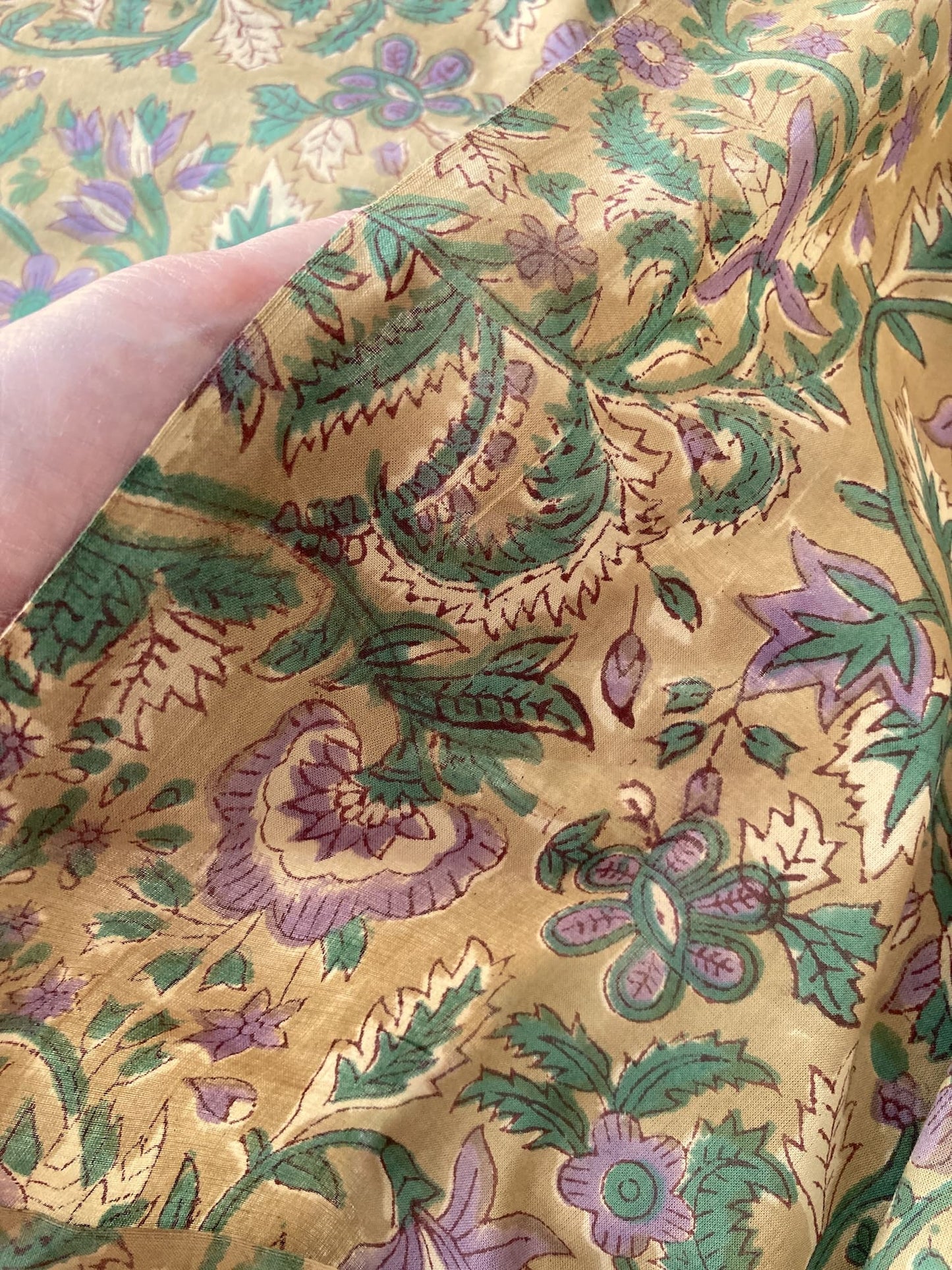 Hand Block Print  Floral Olive Cotton Fabric  #307-12