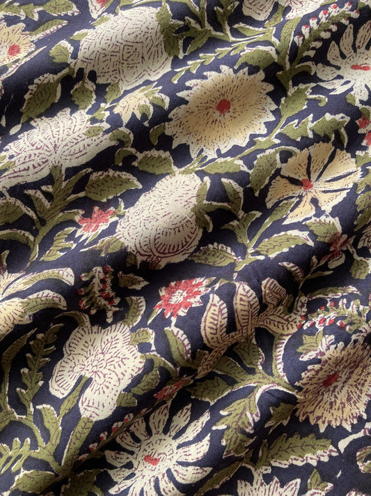 Hand Block Print  Floral Black Cotton Fabric  #307-13
