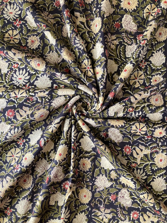 Hand Block Print  Floral Black Cotton Fabric  #307-13
