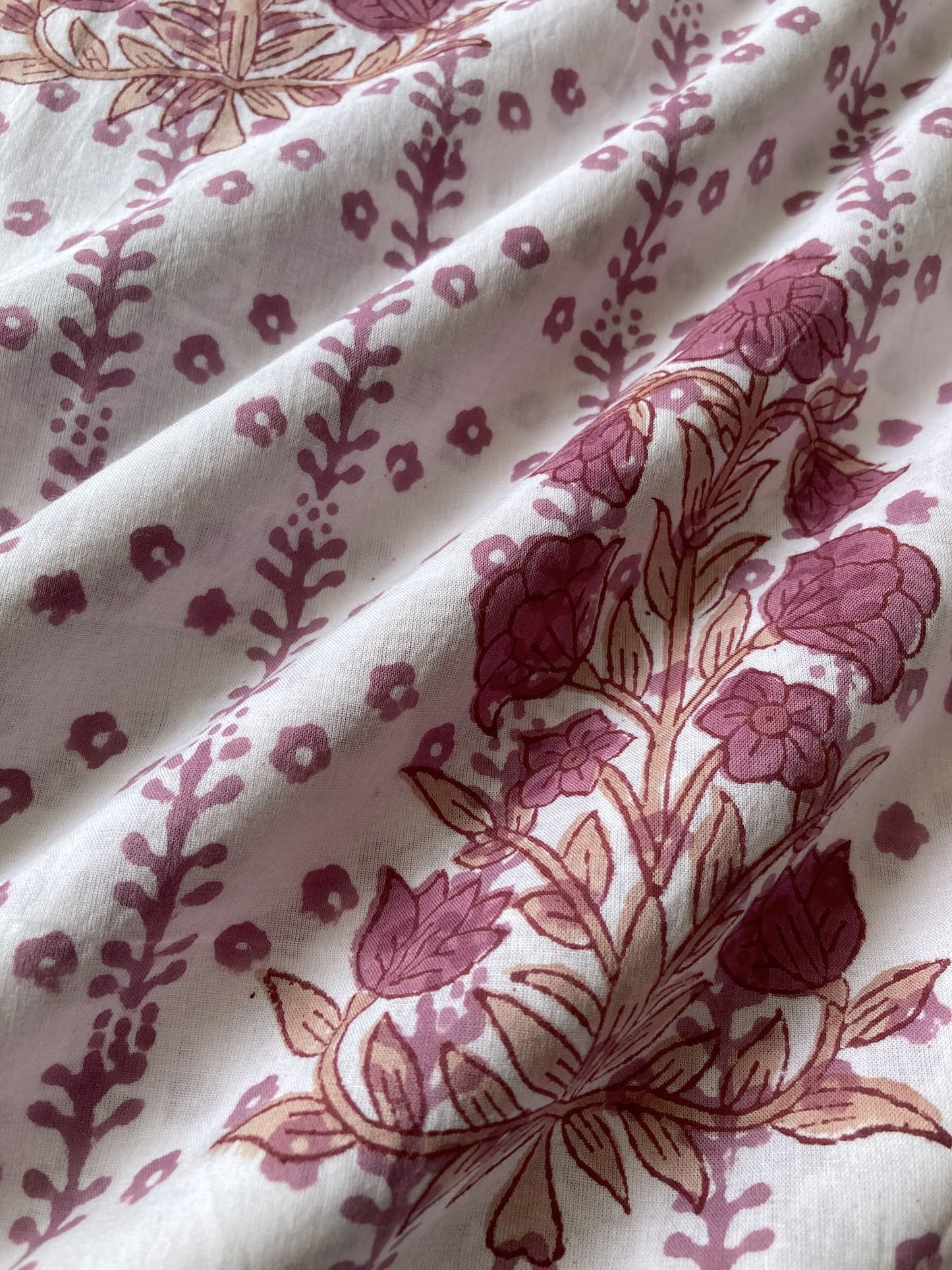 Hand Block Print White & Rose Color Cotton Fabric  #307-6