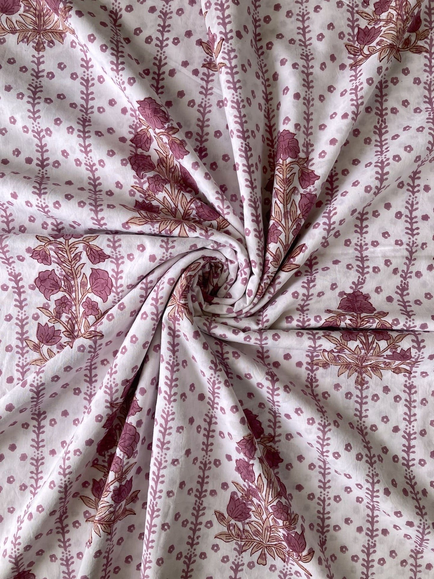 Hand Block Print White & Rose Color Cotton Fabric  #307-6