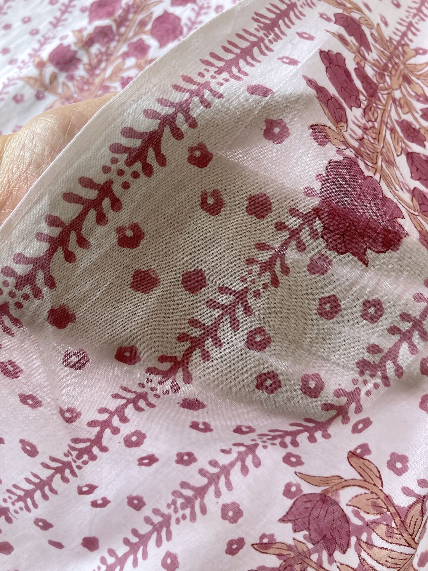 Hand Block Print White & Rose Color Cotton Fabric  #307-6