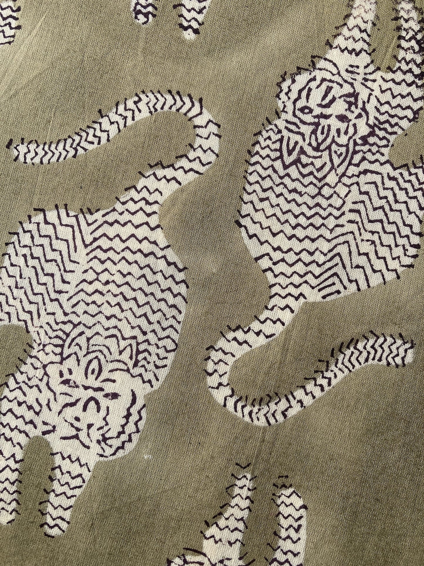 Hand Block Print Olive & Cream Tiger Cotton Fabric  #307-7