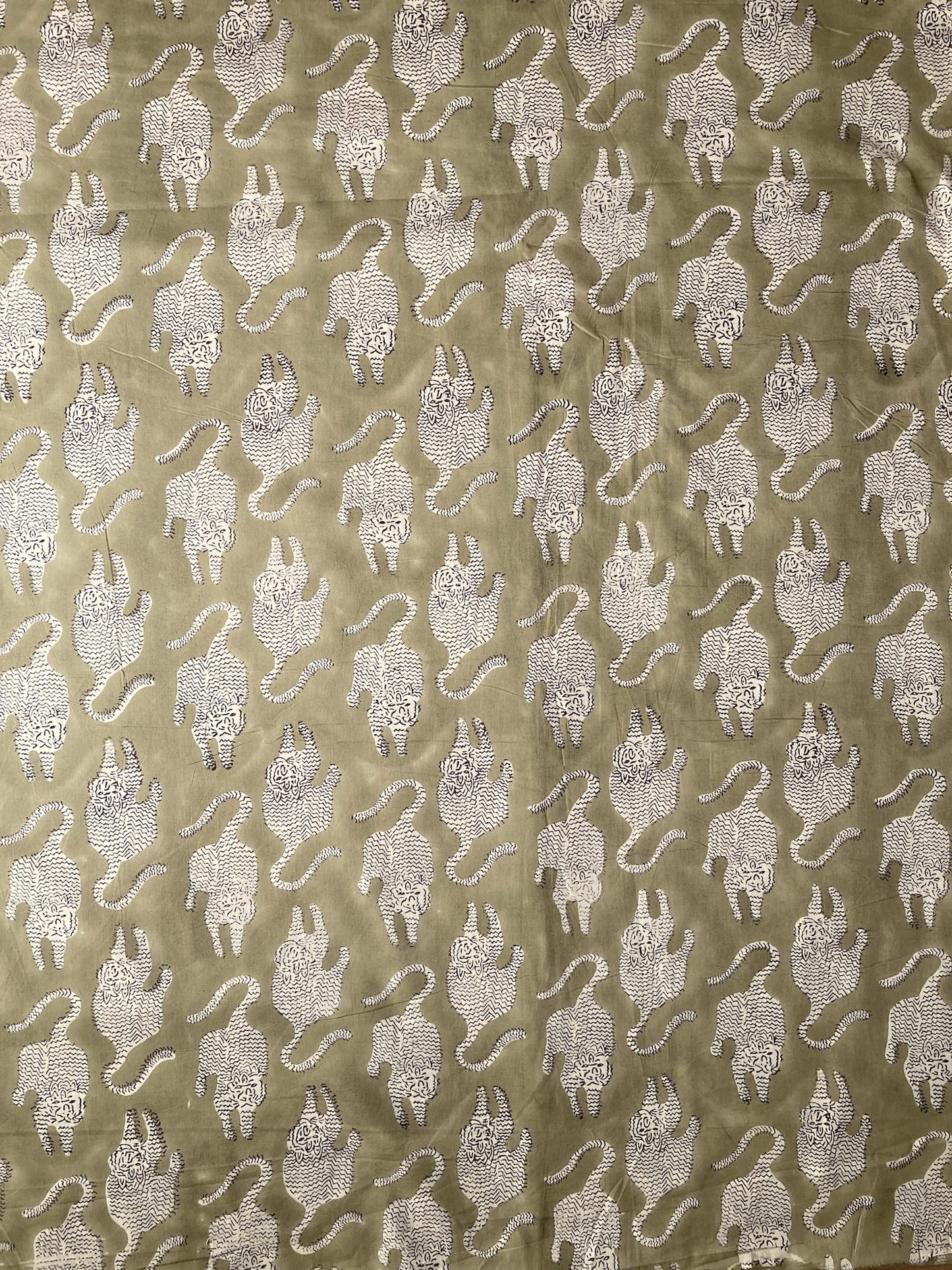 Hand Block Print Olive & Cream Tiger Cotton Fabric  #307-7