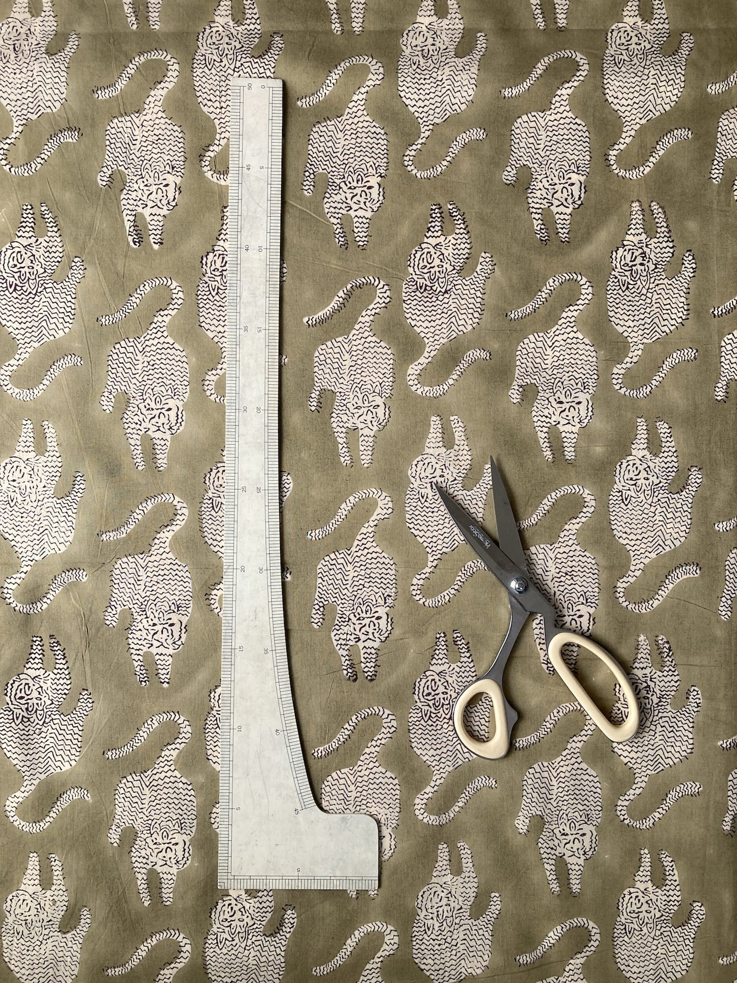 Hand Block Print Olive & Cream Tiger Cotton Fabric  #307-7
