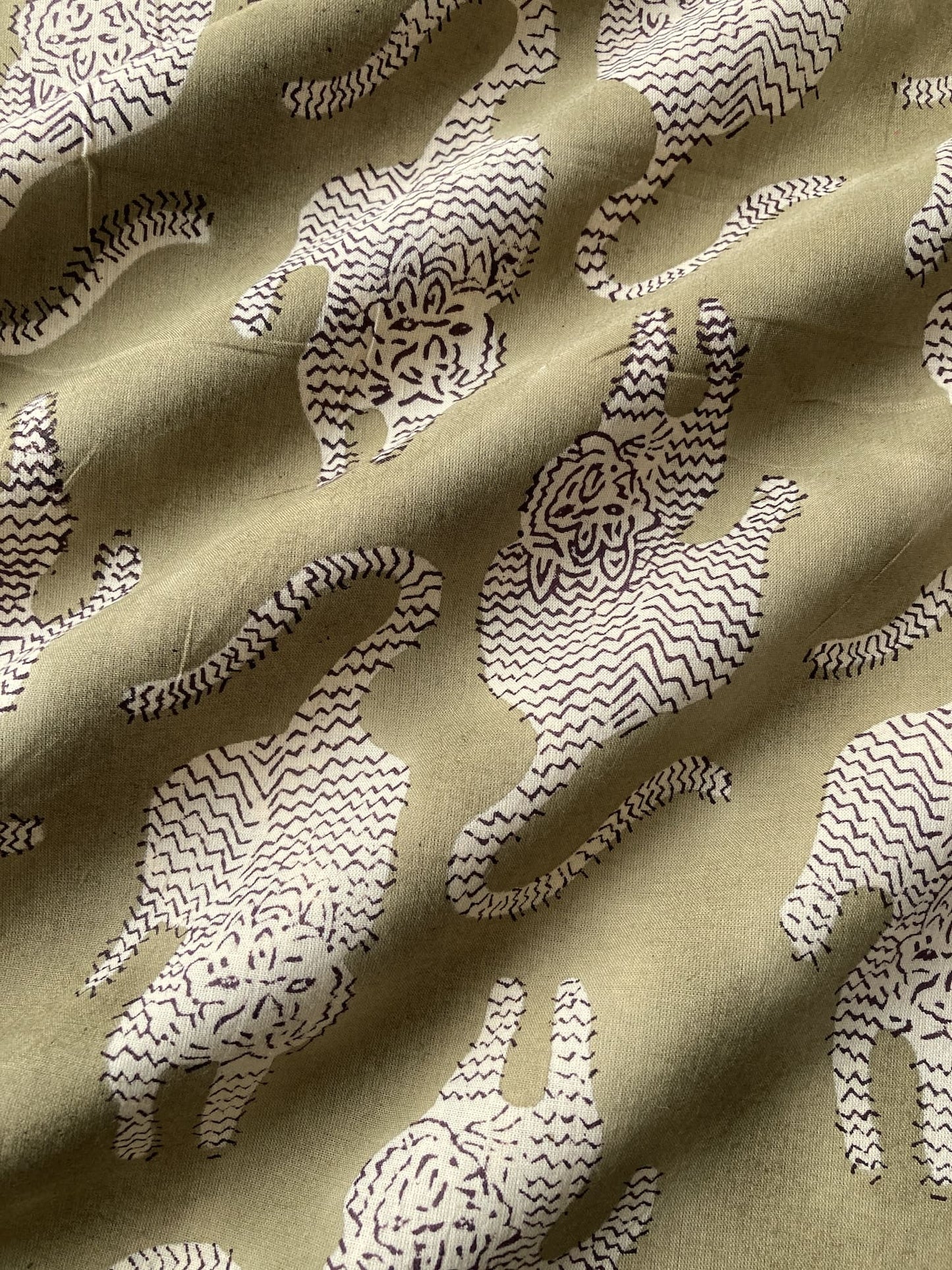 Hand Block Print Olive & Cream Tiger Cotton Fabric  #307-7