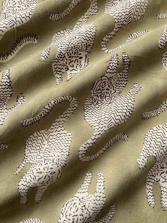 Hand Block Print Olive & Cream Tiger Cotton Fabric  #307-7