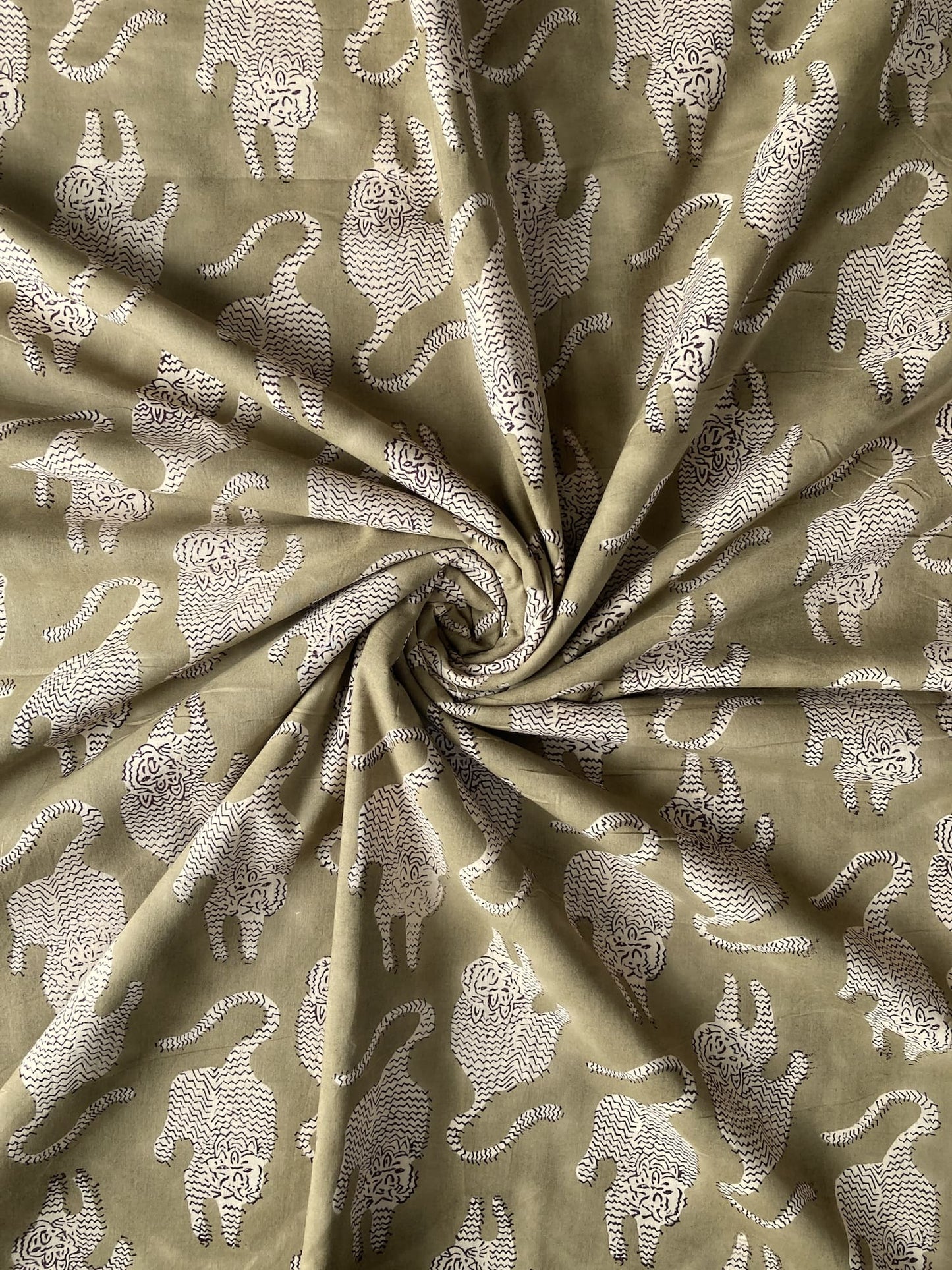 Hand Block Print Olive & Cream Tiger Cotton Fabric  #307-7