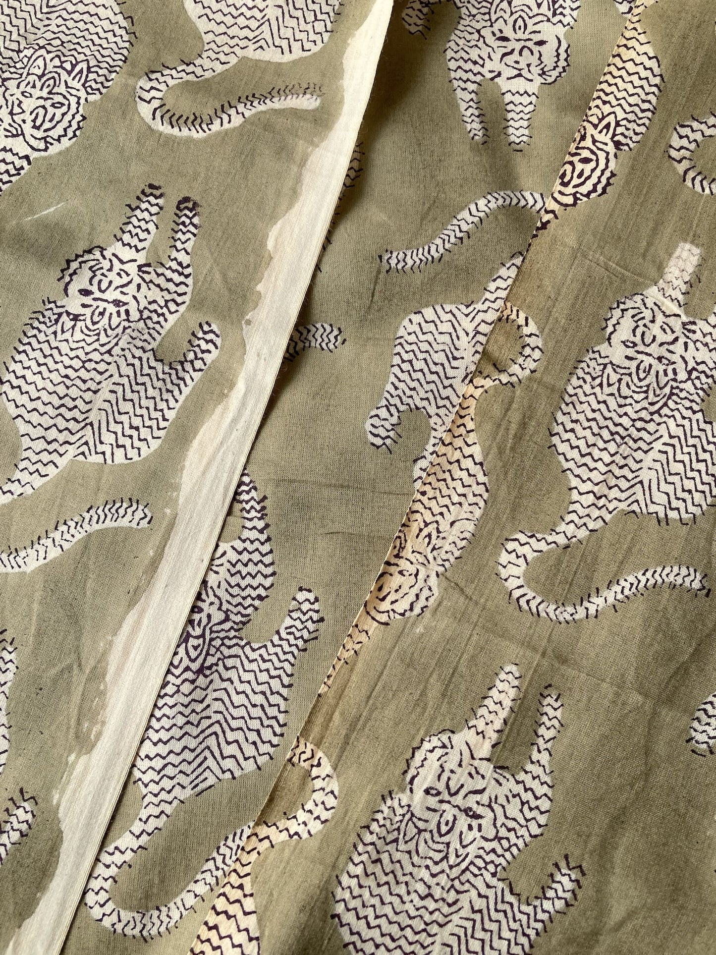 Hand Block Print Olive & Cream Tiger Cotton Fabric  #307-7
