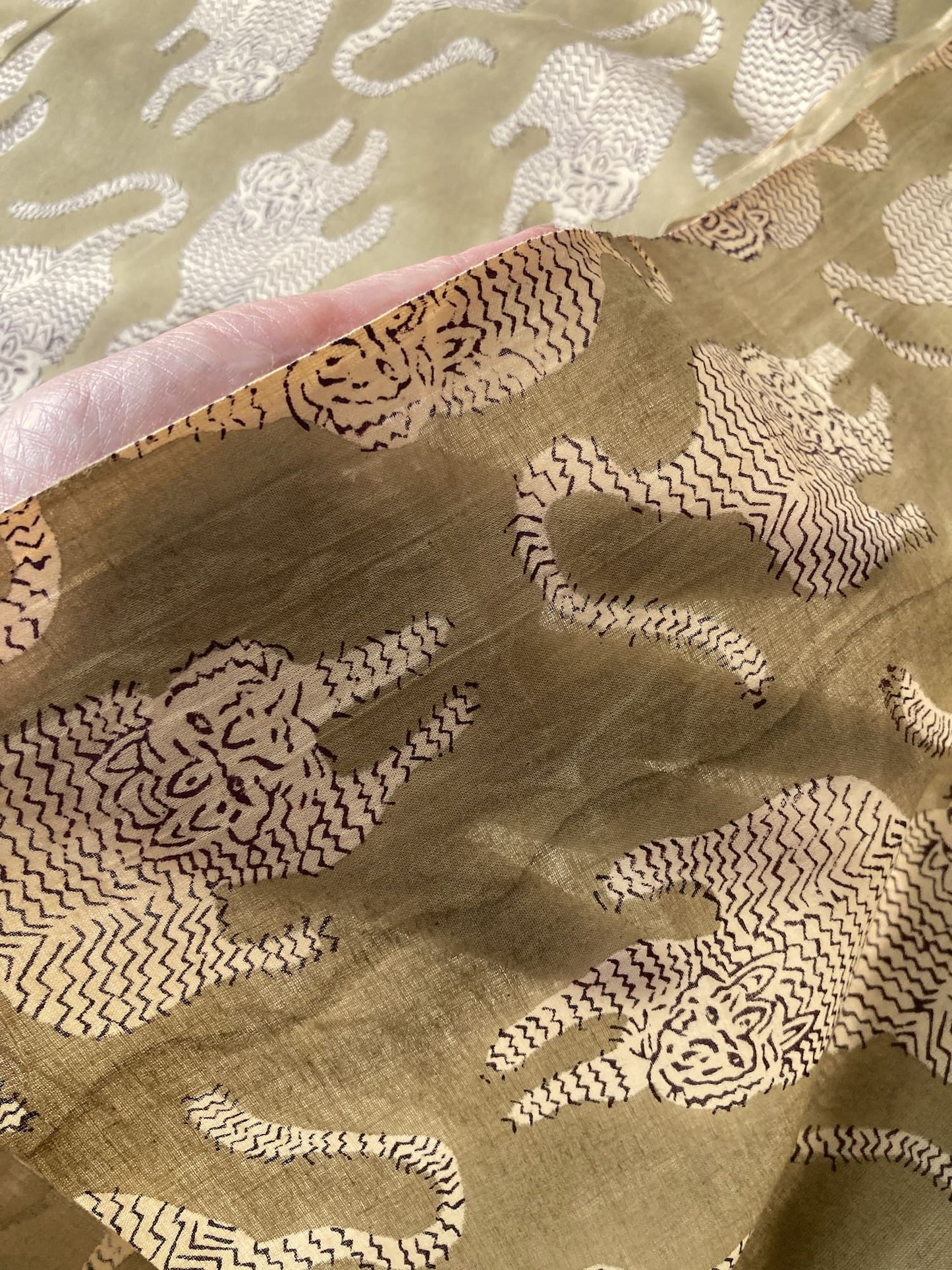 Hand Block Print Olive & Cream Tiger Cotton Fabric  #307-7