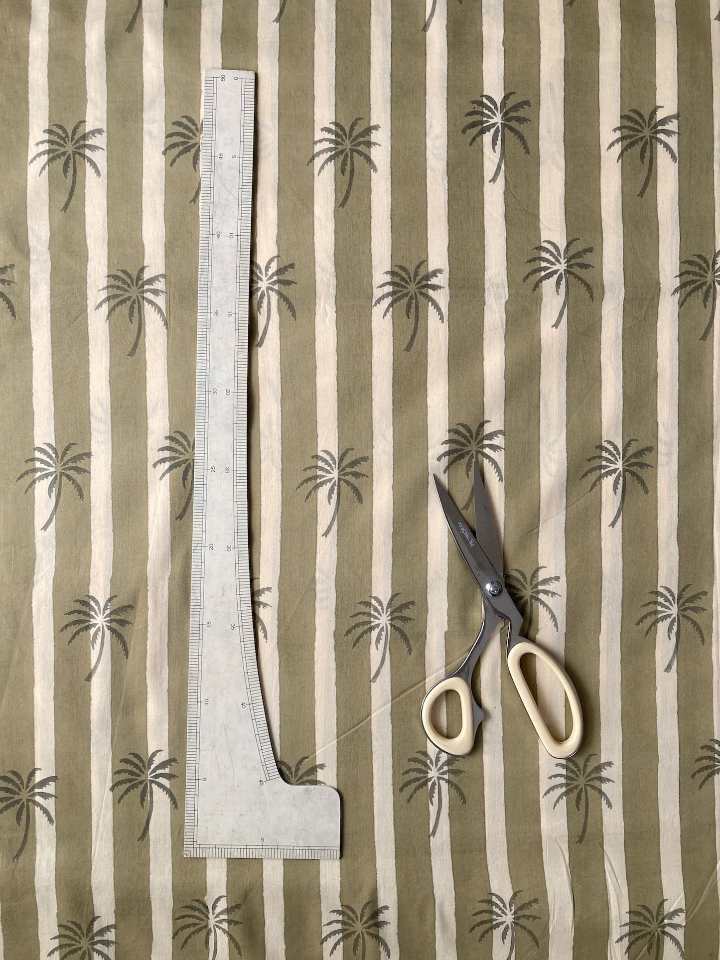 Hand Block Print Olive & Cream Palm Tree Cotton Fabric  #307-8