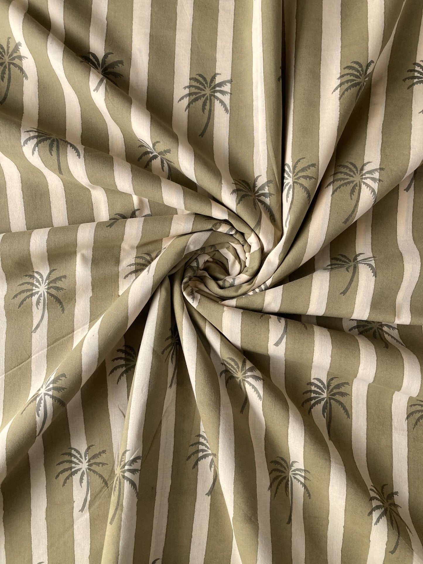 Hand Block Print Olive & Cream Palm Tree Cotton Fabric  #307-8