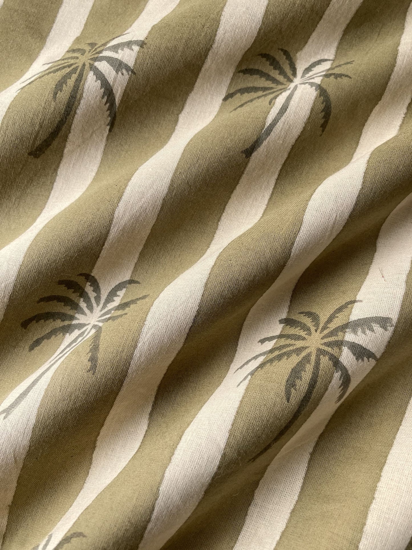 Hand Block Print Olive & Cream Palm Tree Cotton Fabric  #307-8