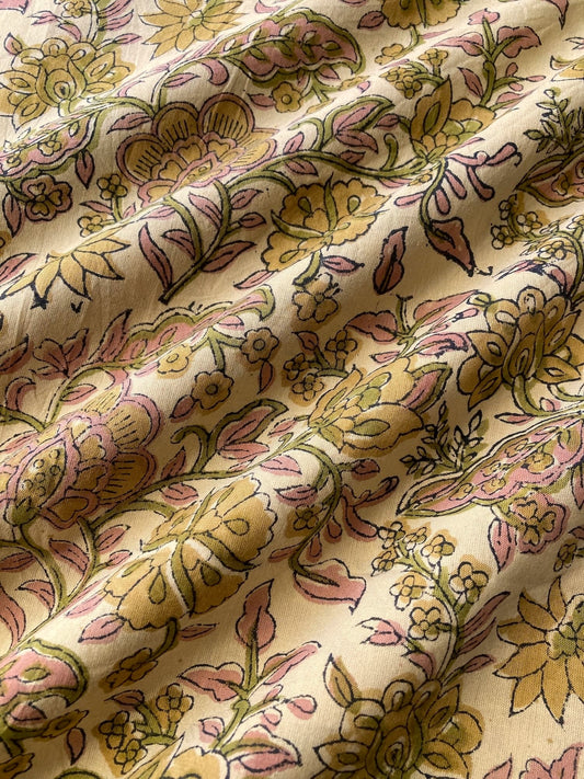 Hand Block Print Beige Floral Cotton Fabric   #316-17