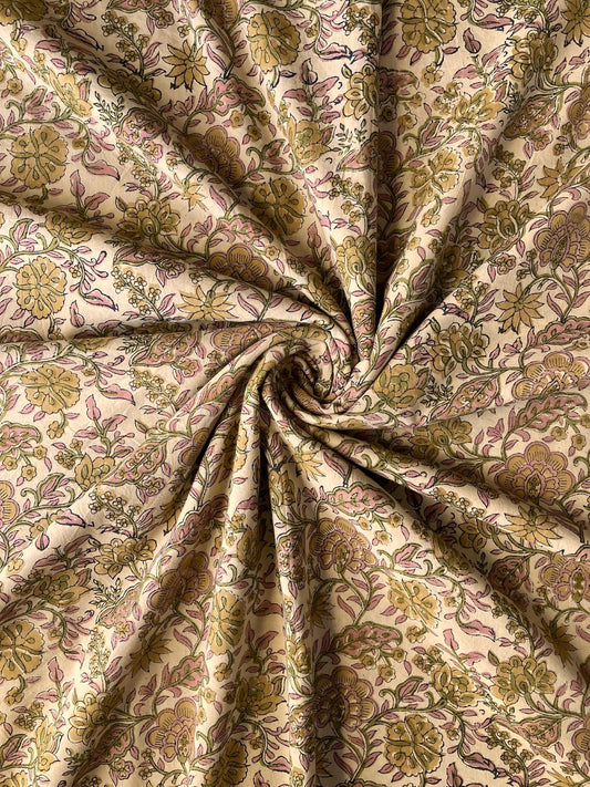 Hand Block Print Beige Floral Cotton Fabric   #316-17