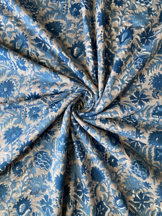 Hand Block Print Gray x Blue Floral Cotton Fabric   #316-19